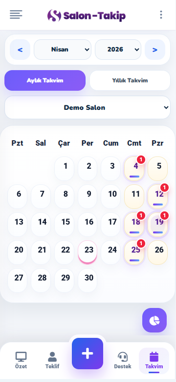 Salon-Takip mobil takvim ekranı